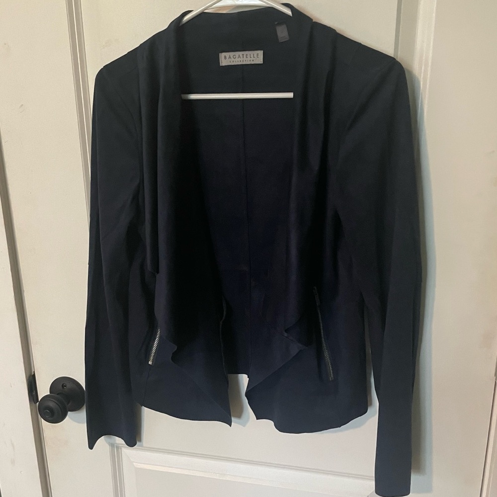 Navy suede open-front jacket. Lightweight suede jacket